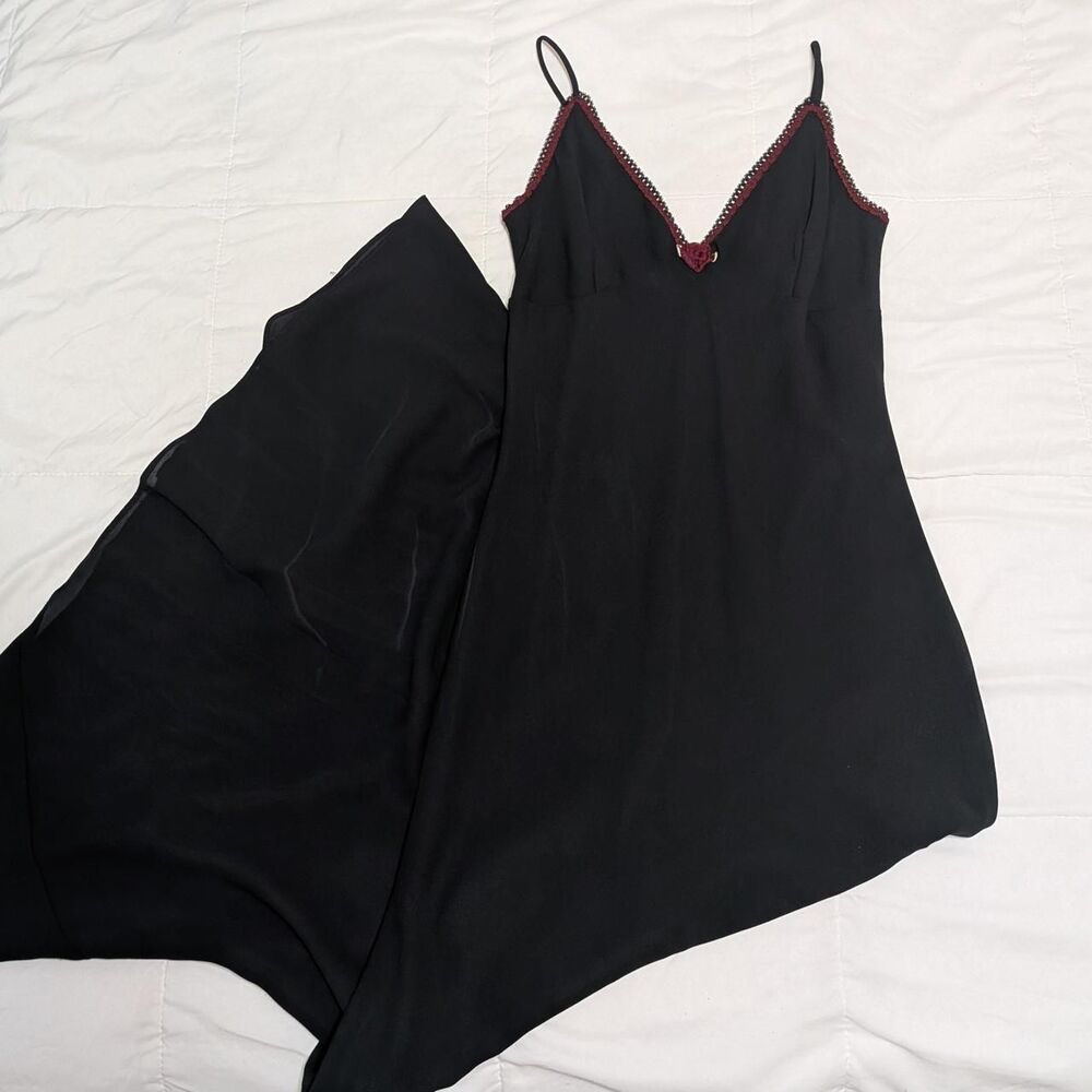 Jessica McClintock Gunne Sax Whimsygoth Prom Black Slip Dress With Red Trim